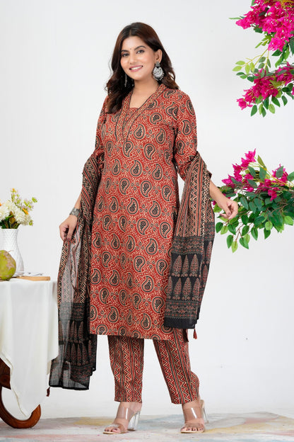 Rust Red Paisley Printed Kurta Set with Dupatta