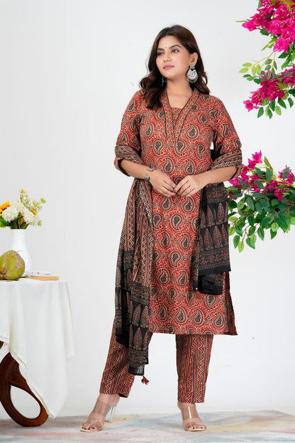 Rust Red Paisley Printed Kurta Set with Dupatta