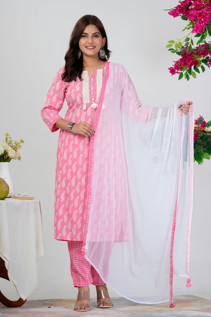 Pink Paisley Printed Kurta Set with White Dupatta