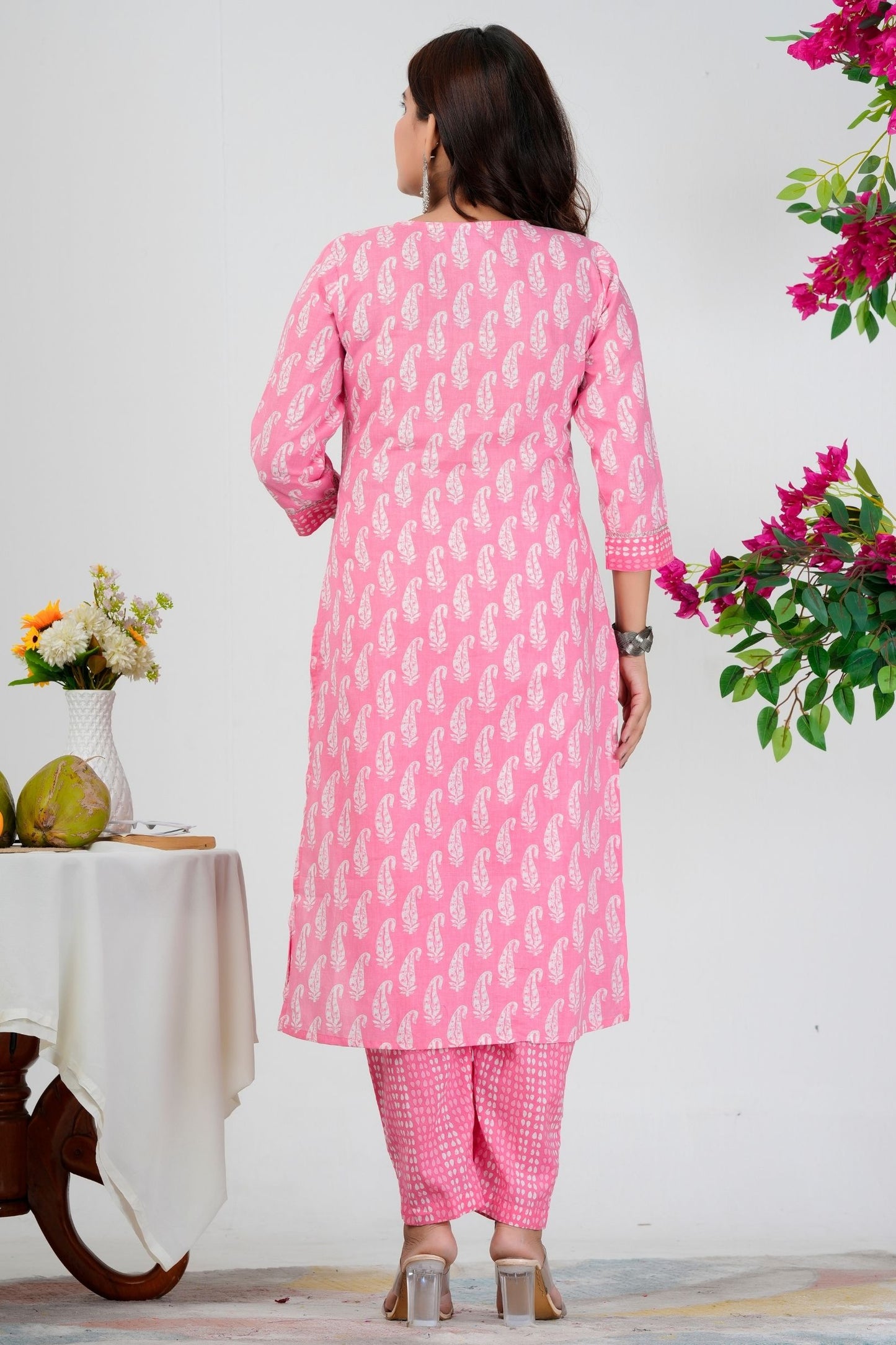Pink Paisley Printed Kurta Set with White Dupatta