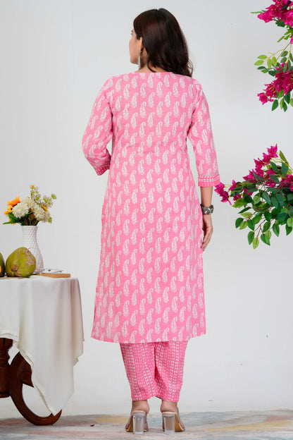 Pink Paisley Printed Kurta Set with White Dupatta