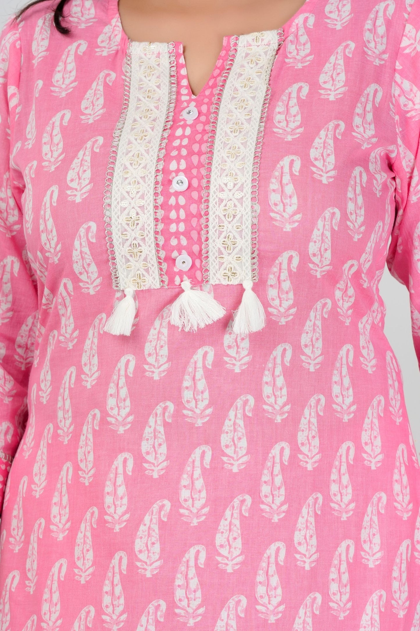 Pink Paisley Printed Kurta Set with White Dupatta