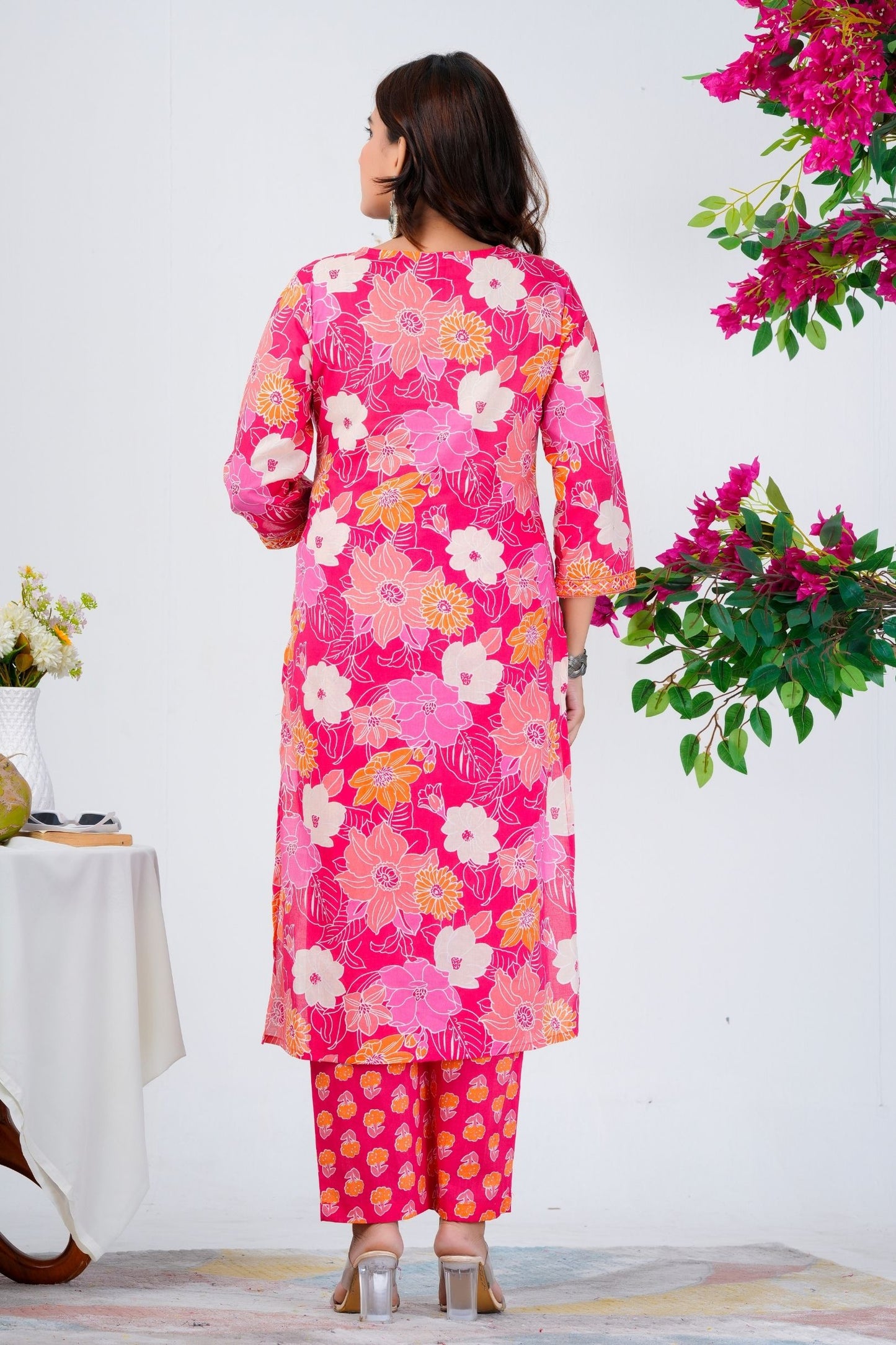 Women's Bright Pink Floral Printed Kurta Set with Dupatta – Festive & Ethnic Wear