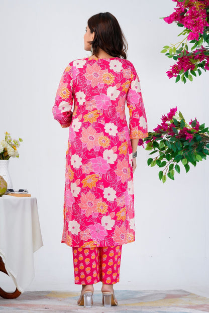 Women's Bright Pink Floral Printed Kurta Set with Dupatta – Festive & Ethnic Wear