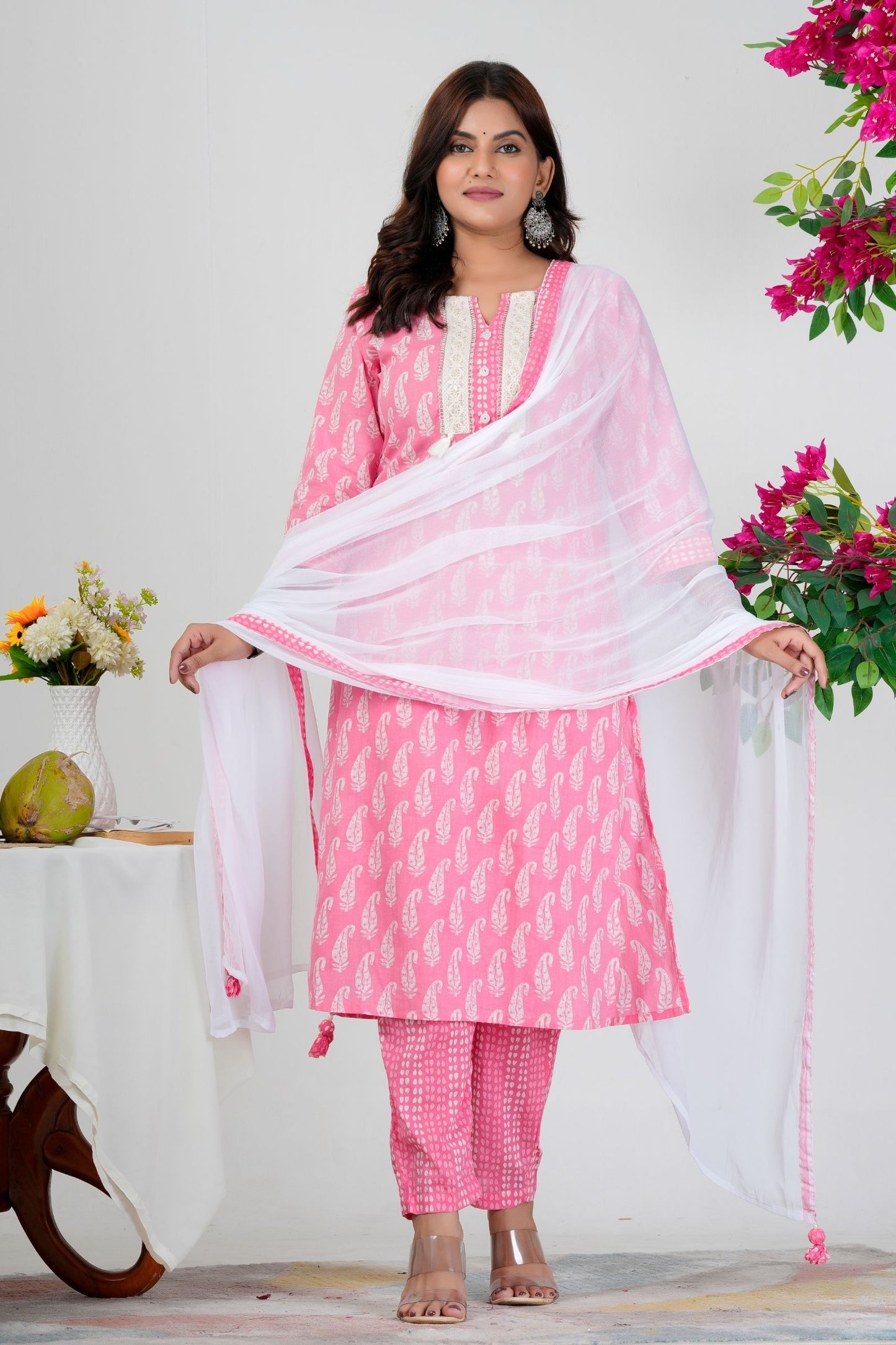 Pink Paisley Printed Kurta Set with White Dupatta