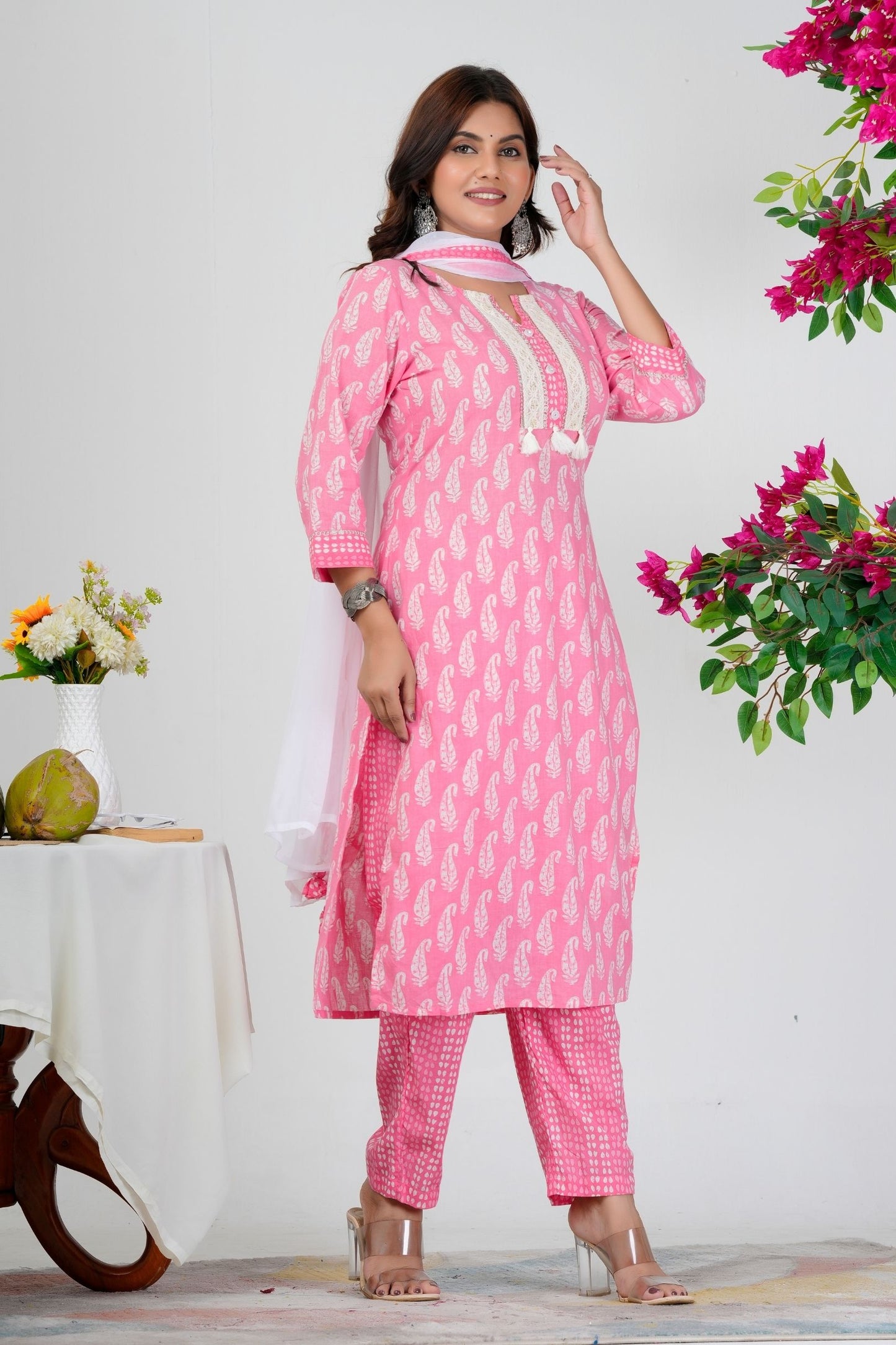 Pink Paisley Printed Kurta Set with White Dupatta