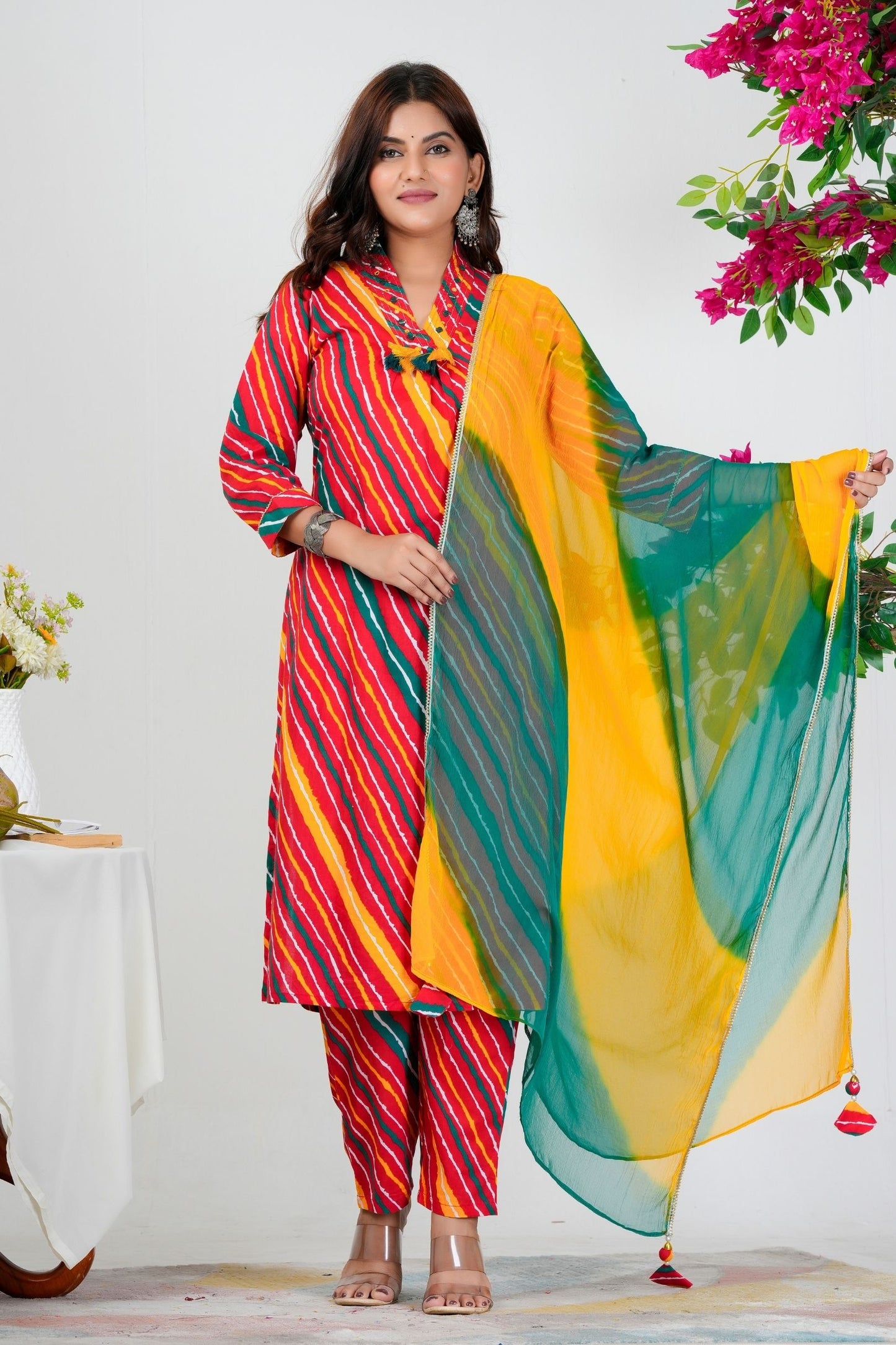 Vibrant Bandhani-Inspired Striped Kurta Set with Dual-Tone Dupatta