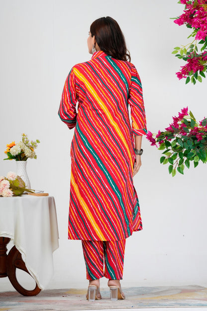 Vibrant Bandhani-Inspired Striped Kurta Set with Dual-Tone Dupatta