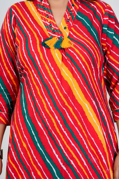 Vibrant Bandhani-Inspired Striped Kurta Set with Dual-Tone Dupatta