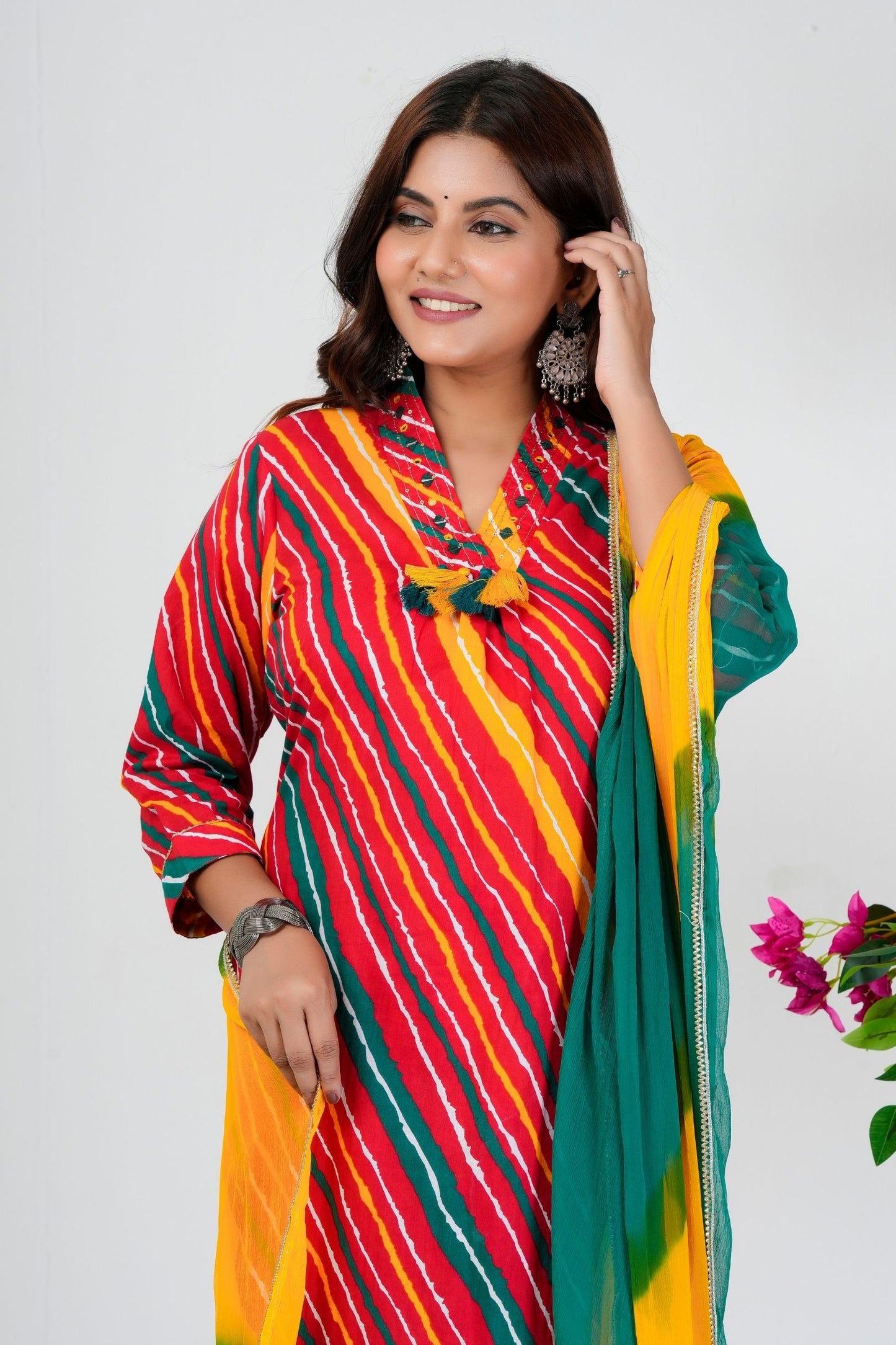 Vibrant Bandhani-Inspired Striped Kurta Set with Dual-Tone Dupatta