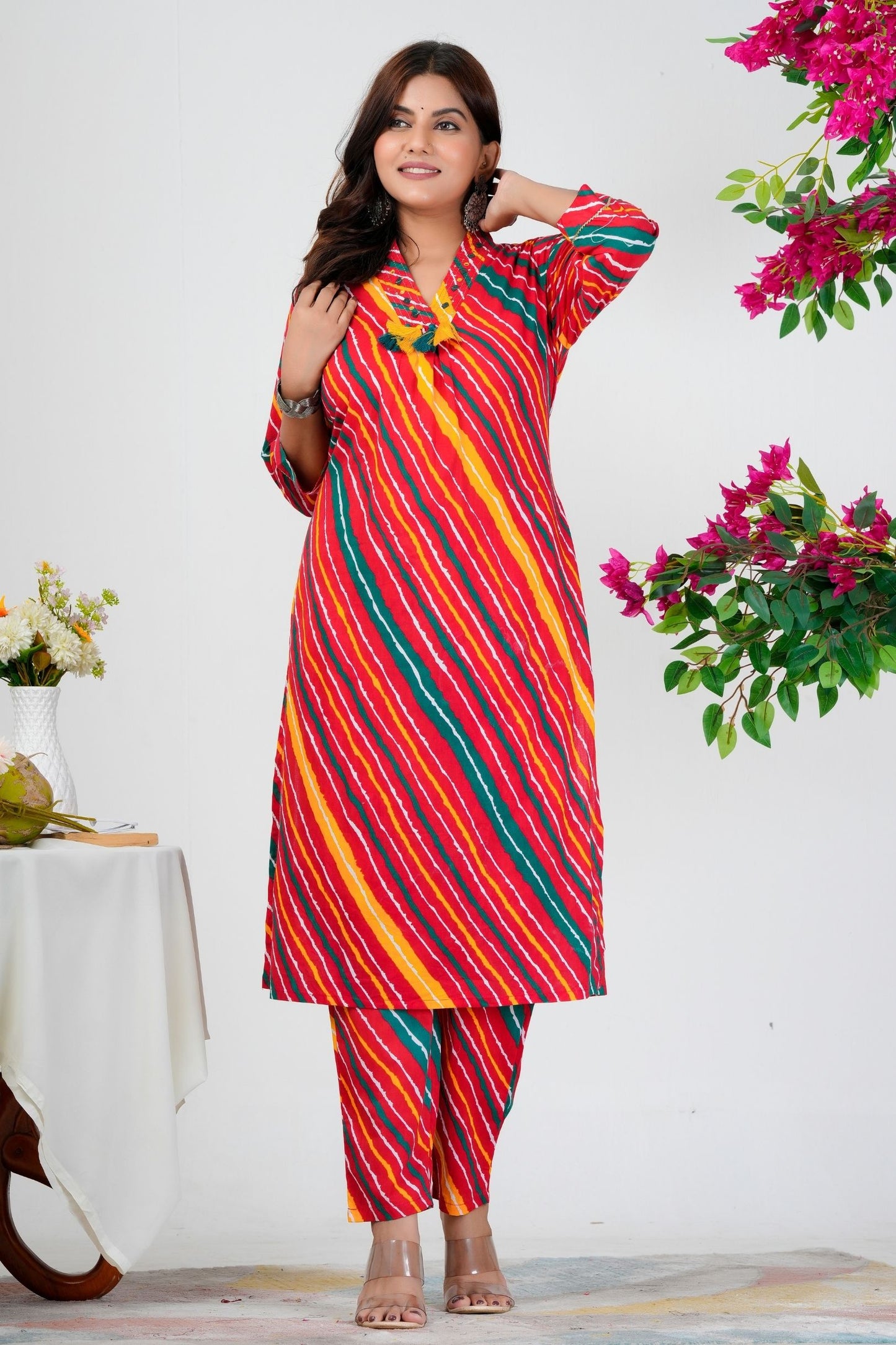 Vibrant Bandhani-Inspired Striped Kurta Set with Dual-Tone Dupatta