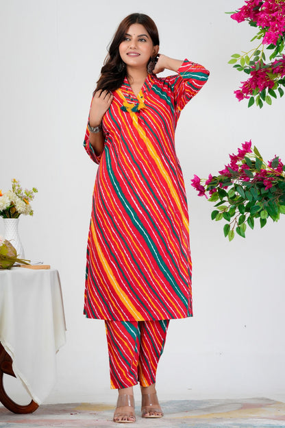 Vibrant Bandhani-Inspired Striped Kurta Set with Dual-Tone Dupatta