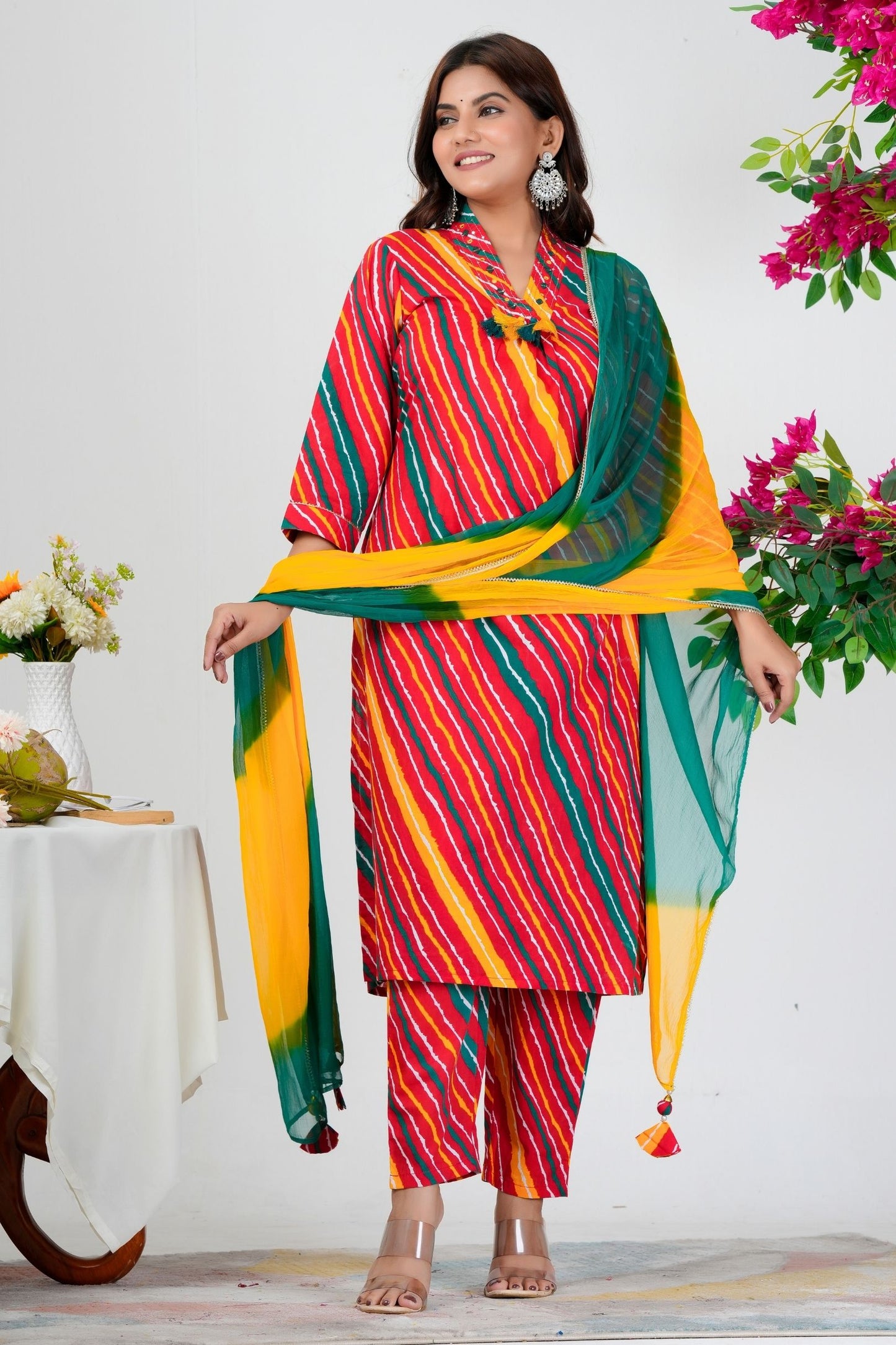 Vibrant Bandhani-Inspired Striped Kurta Set with Dual-Tone Dupatta
