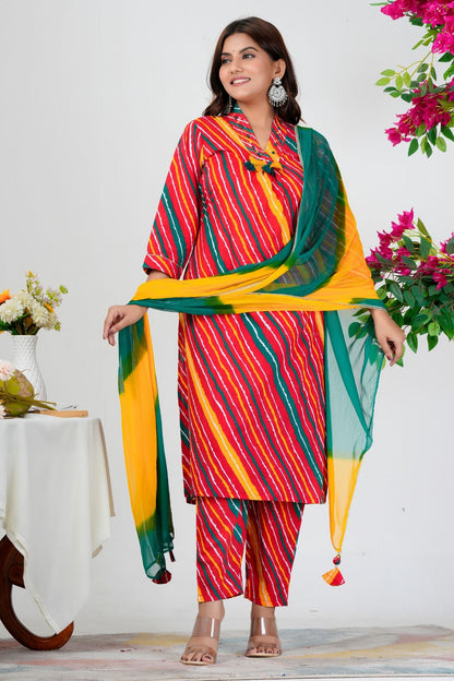 Vibrant Bandhani-Inspired Striped Kurta Set with Dual-Tone Dupatta