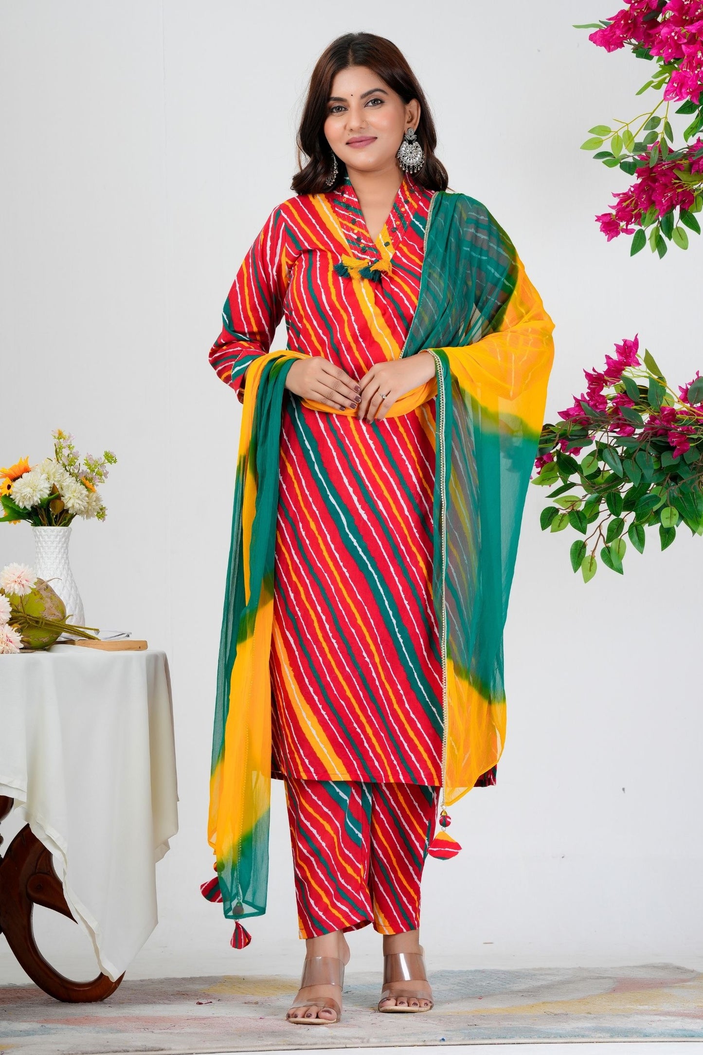 Vibrant Bandhani-Inspired Striped Kurta Set with Dual-Tone Dupatta