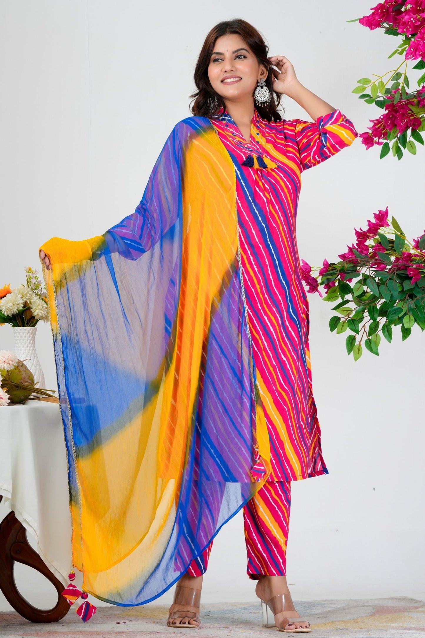 Radiant Multicolor Striped Kurta Set with Blue-Yellow Ombre Dupatta