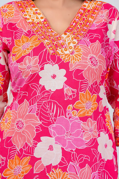 Women's Bright Pink Floral Printed Kurta Set with Dupatta – Festive & Ethnic Wear