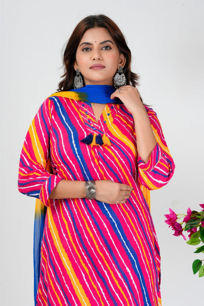 Radiant Multicolor Striped Kurta Set with Blue-Yellow Ombre Dupatta