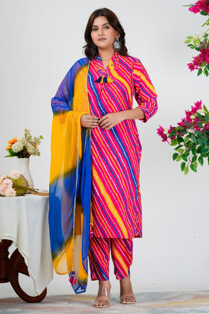 Radiant Multicolor Striped Kurta Set with Blue-Yellow Ombre Dupatta