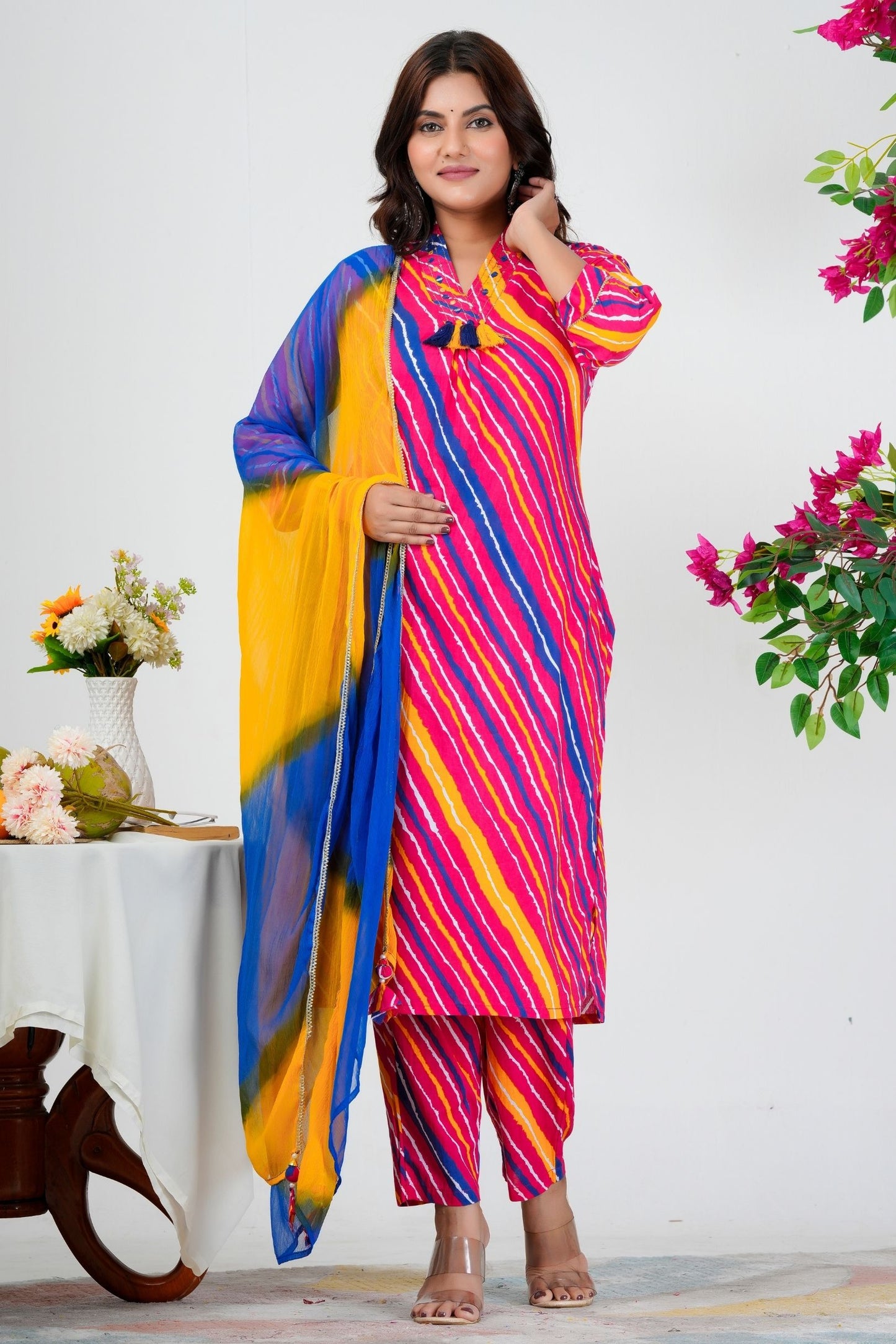 Radiant Multicolor Striped Kurta Set with Blue-Yellow Ombre Dupatta