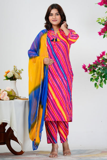 Radiant Multicolor Striped Kurta Set with Blue-Yellow Ombre Dupatta