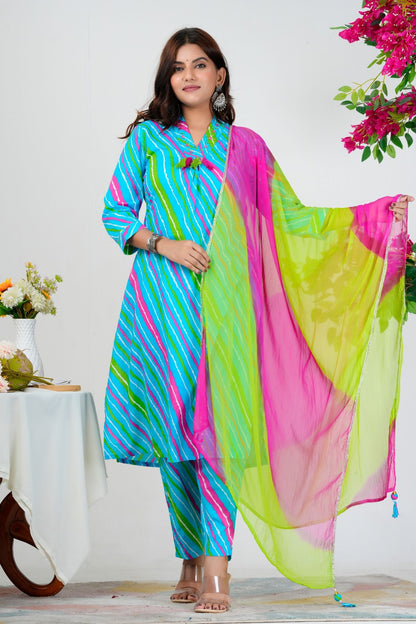 Vibrant Aqua Blue Striped Kurta Set with Pink-Green Ombre Dupatta