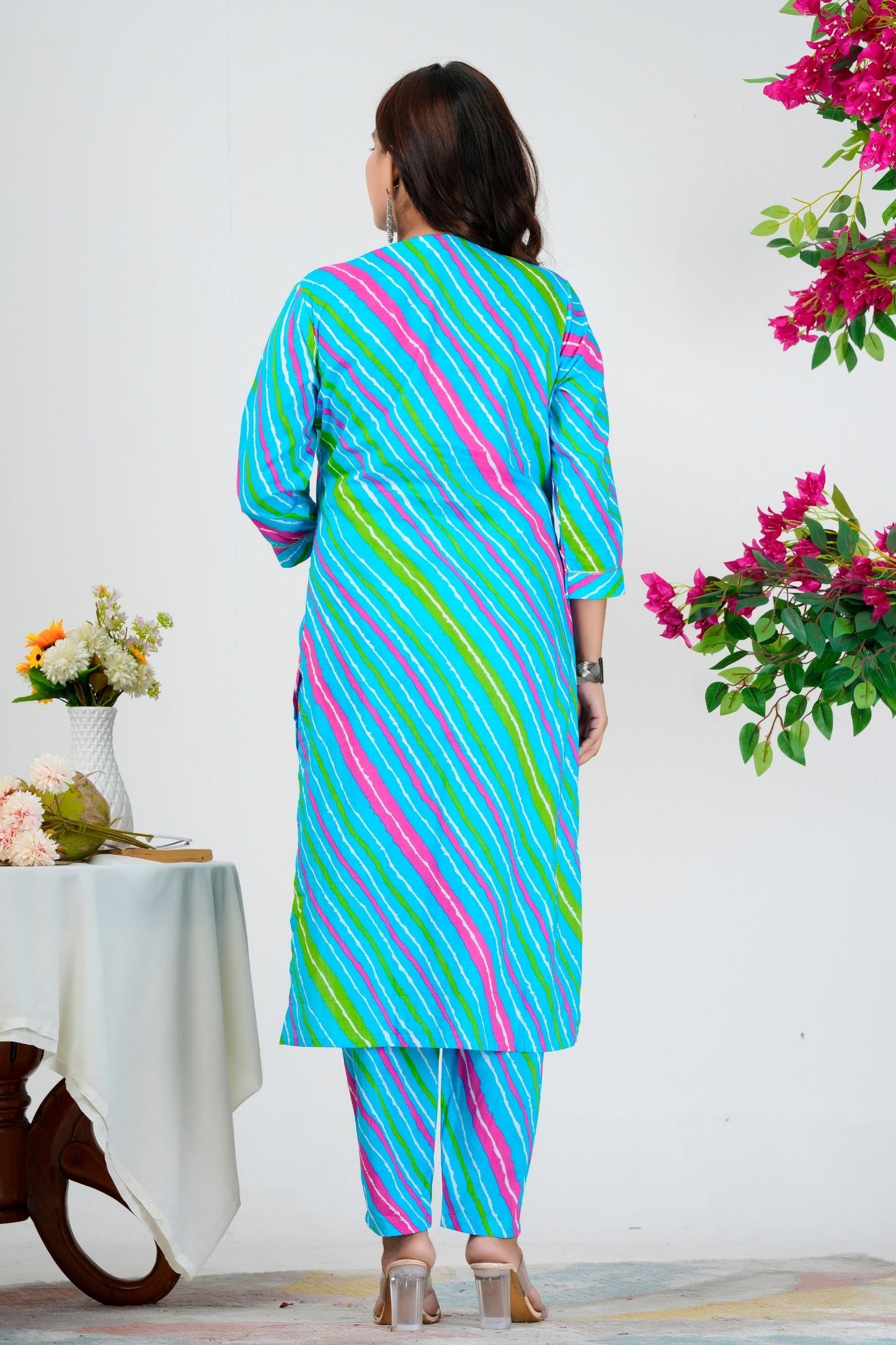 Vibrant Aqua Blue Striped Kurta Set with Pink-Green Ombre Dupatta