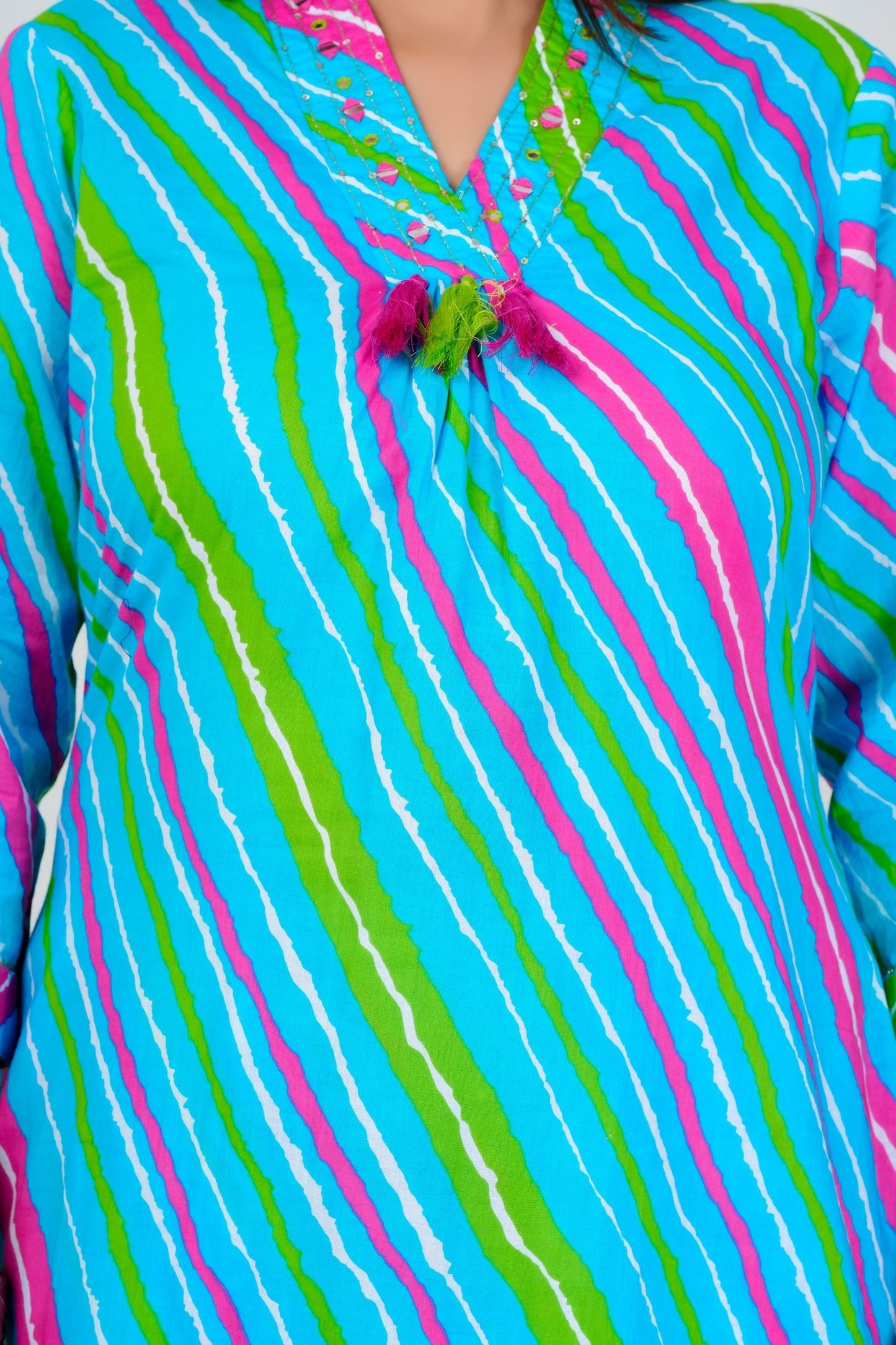 Vibrant Aqua Blue Striped Kurta Set with Pink-Green Ombre Dupatta