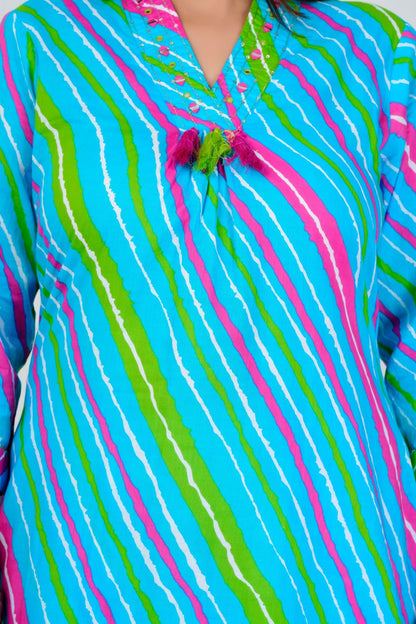 Vibrant Aqua Blue Striped Kurta Set with Pink-Green Ombre Dupatta