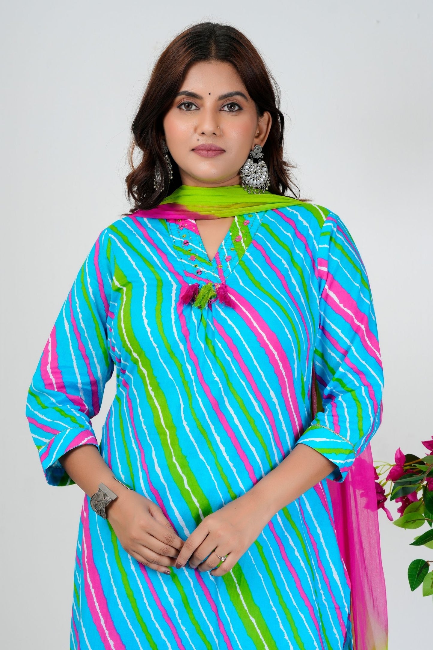 Vibrant Aqua Blue Striped Kurta Set with Pink-Green Ombre Dupatta