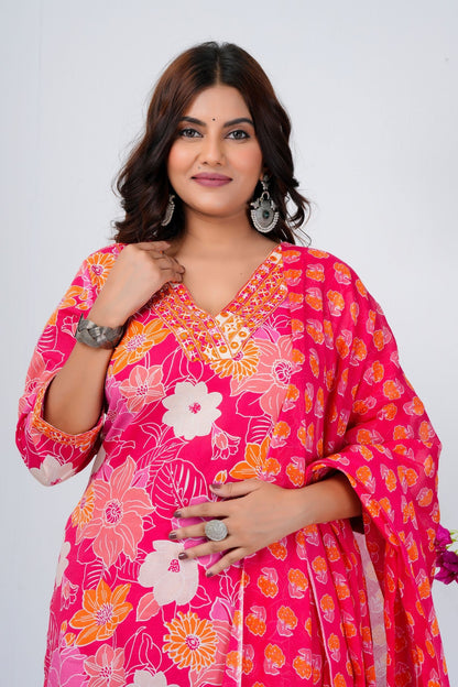 Women's Bright Pink Floral Printed Kurta Set with Dupatta – Festive & Ethnic Wear