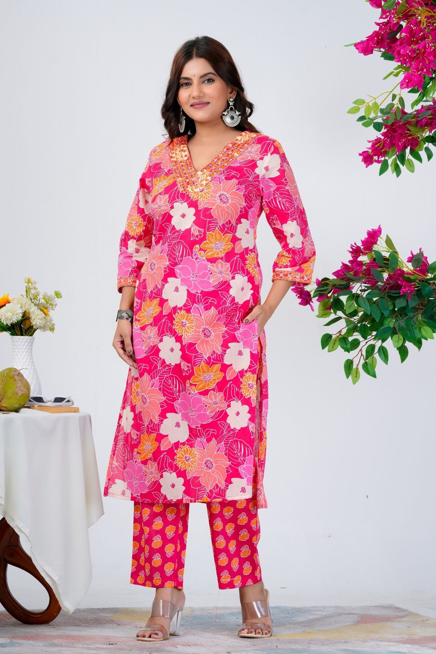 Women's Bright Pink Floral Printed Kurta Set with Dupatta – Festive & Ethnic Wear