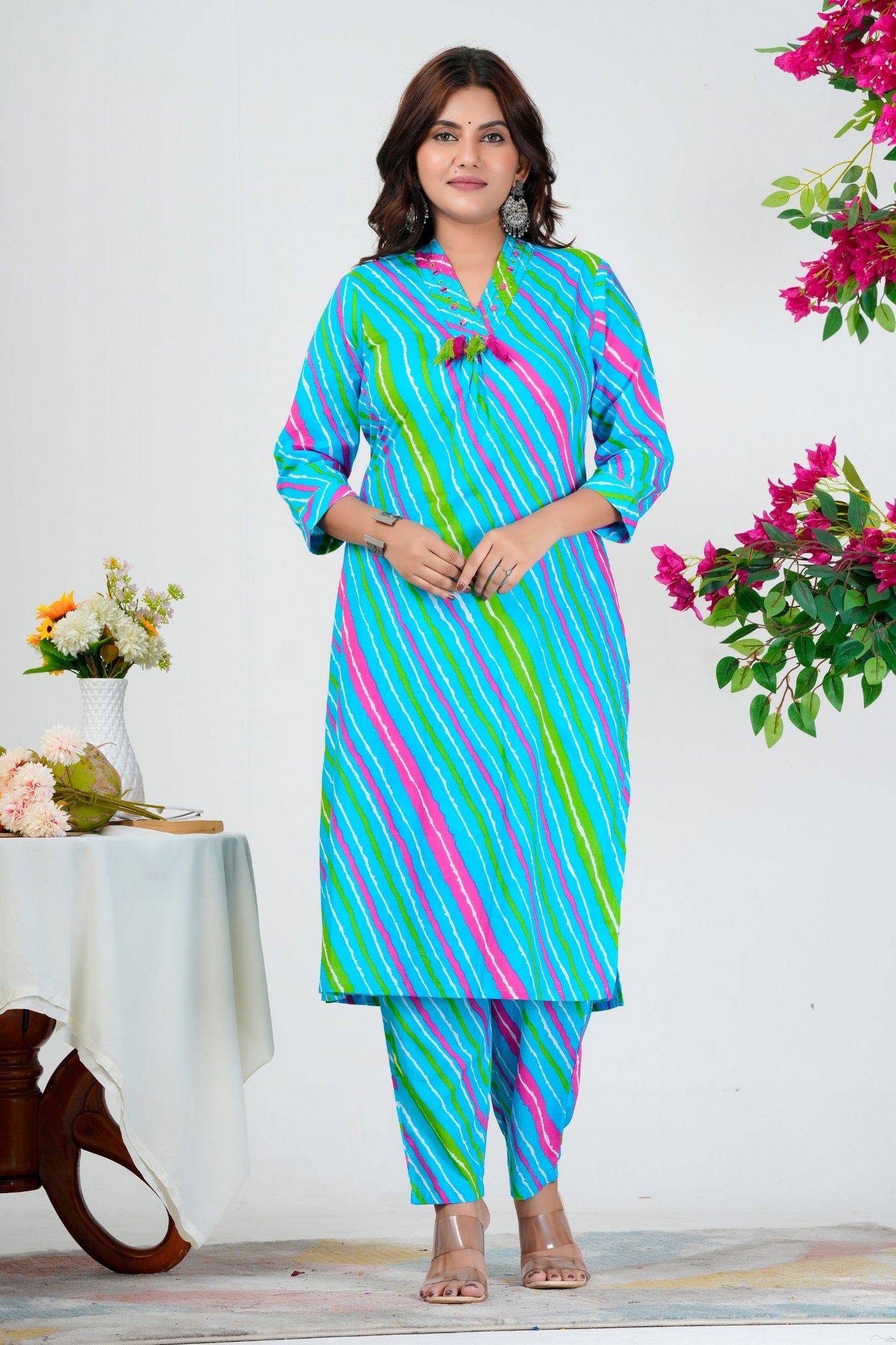 Vibrant Aqua Blue Striped Kurta Set with Pink-Green Ombre Dupatta
