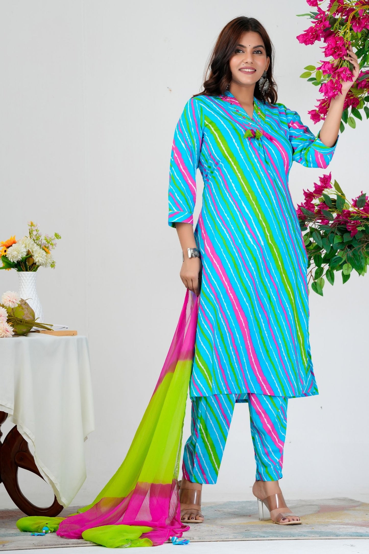 Vibrant Aqua Blue Striped Kurta Set with Pink-Green Ombre Dupatta