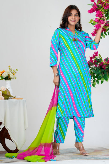 Vibrant Aqua Blue Striped Kurta Set with Pink-Green Ombre Dupatta
