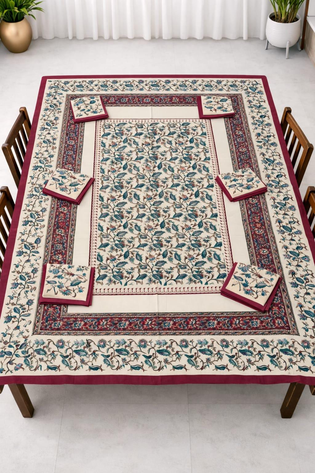 Bagru Print Cotton Table Cover Set, 60x90 Inch, 6 Napkins, Indian Home Decor