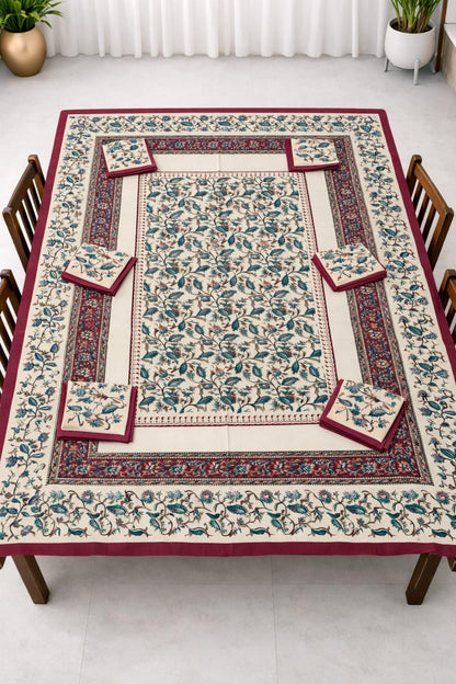 Bagru Print Cotton Table Cover Set, 60x90 Inch, 6 Napkins, Indian Home Decor