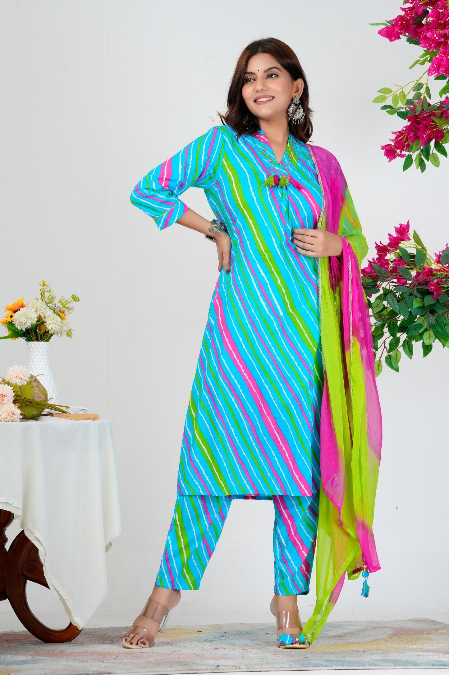 Vibrant Aqua Blue Striped Kurta Set with Pink-Green Ombre Dupatta
