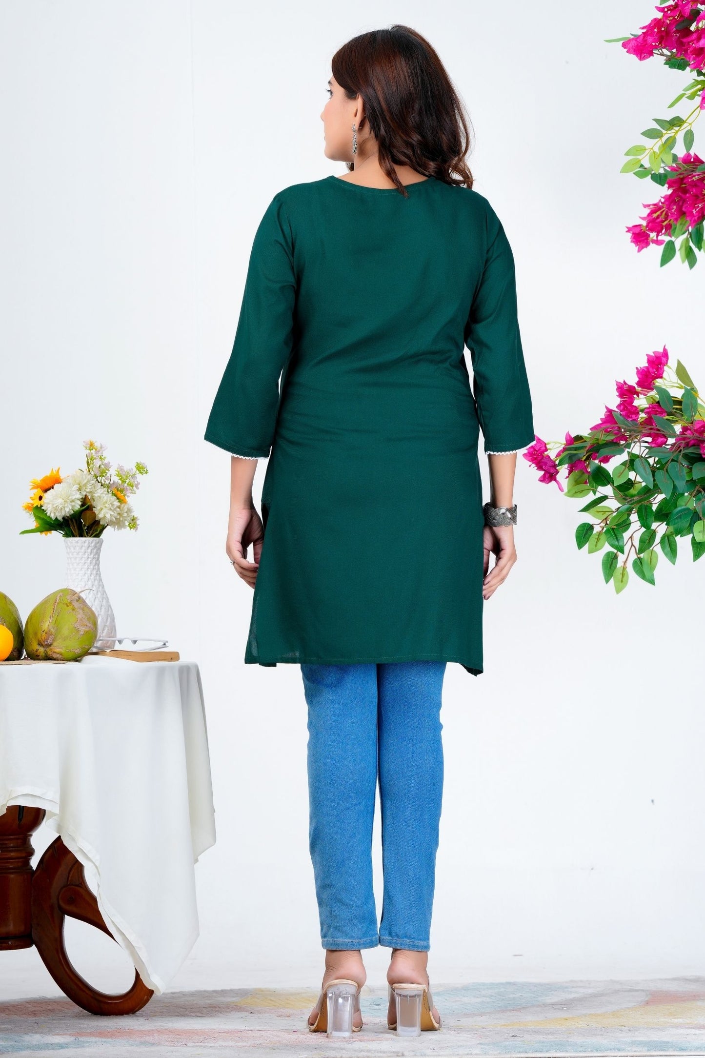 Women's Dark Green Embroidered Kurti with 3/4th Sleeves – Casual & Office Wear
