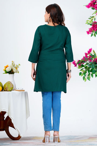 Women's Dark Green Embroidered Kurti with 3/4th Sleeves – Casual & Office Wear