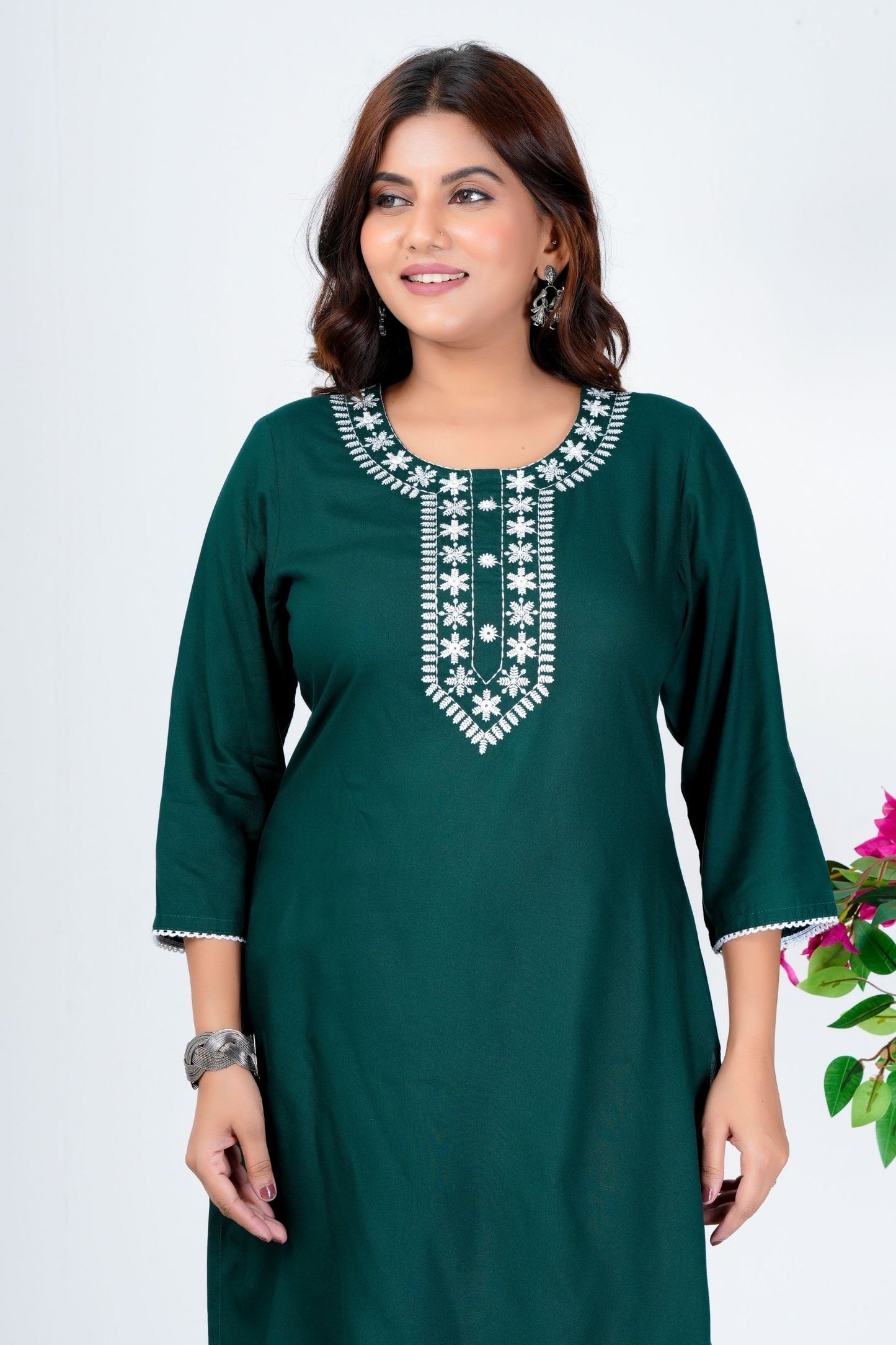 Women's Dark Green Embroidered Kurti with 3/4th Sleeves – Casual & Office Wear
