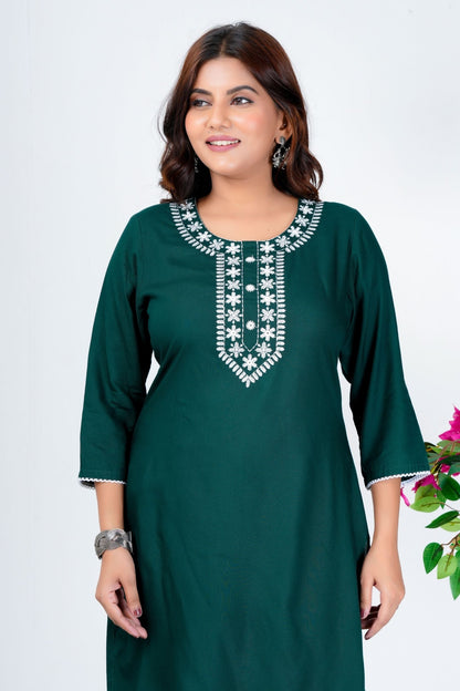 Women's Dark Green Embroidered Kurti with 3/4th Sleeves – Casual & Office Wear