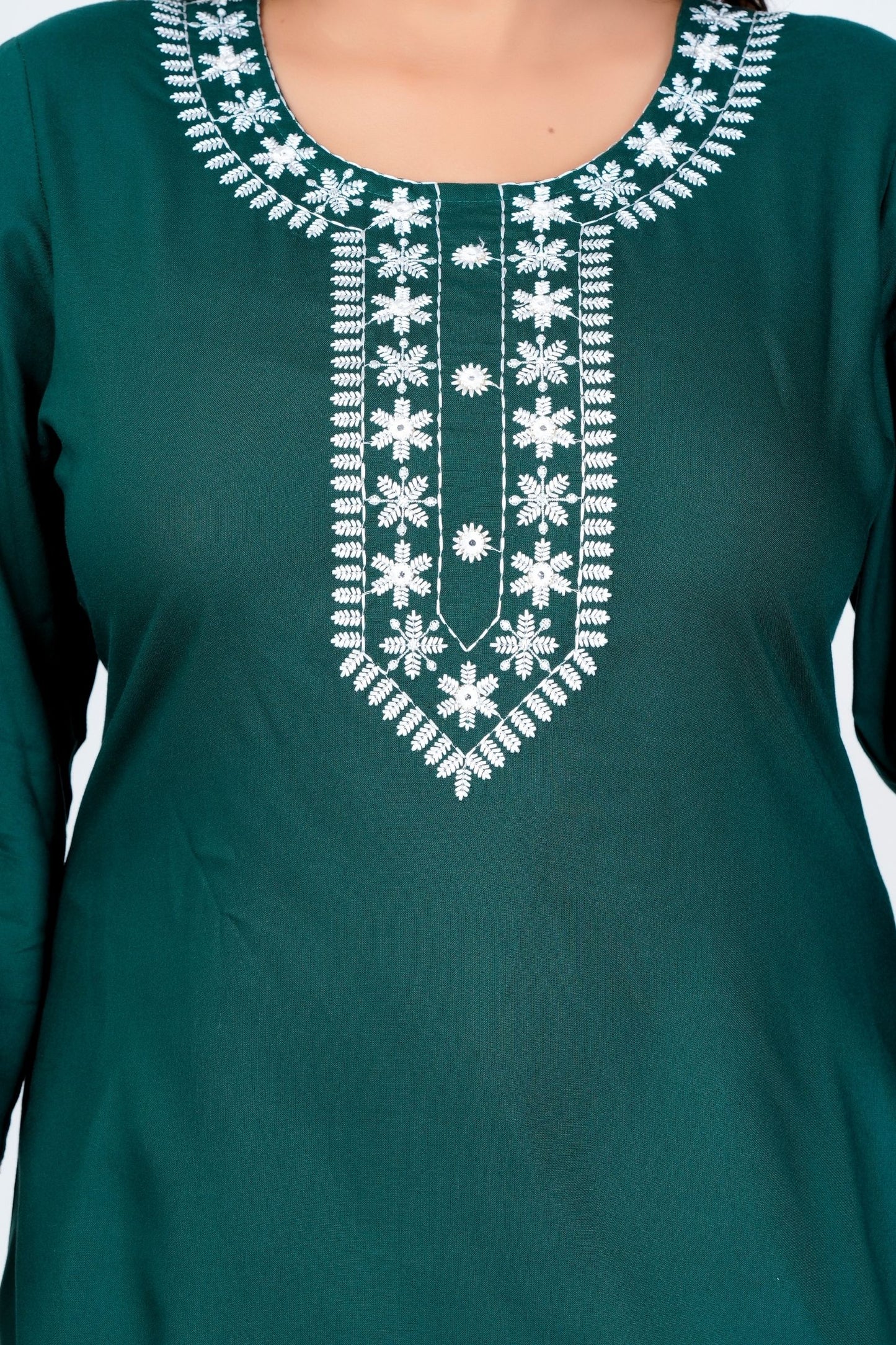 Women's Dark Green Embroidered Kurti with 3/4th Sleeves – Casual & Office Wear
