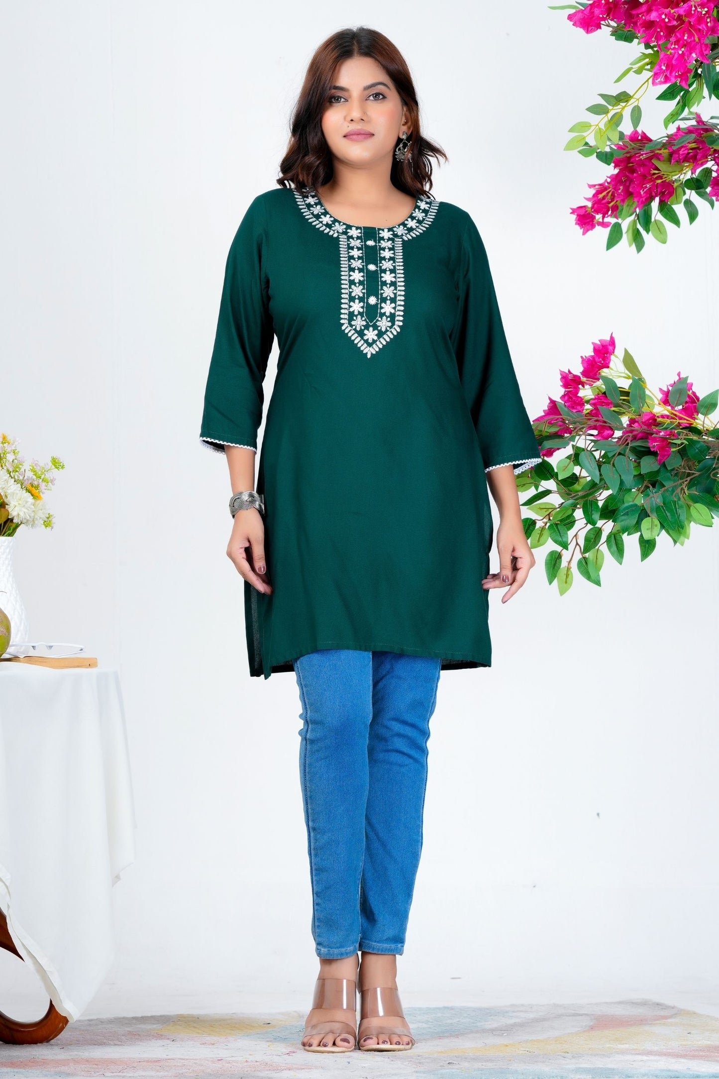 Women's Dark Green Embroidered Kurti with 3/4th Sleeves – Casual & Office Wear