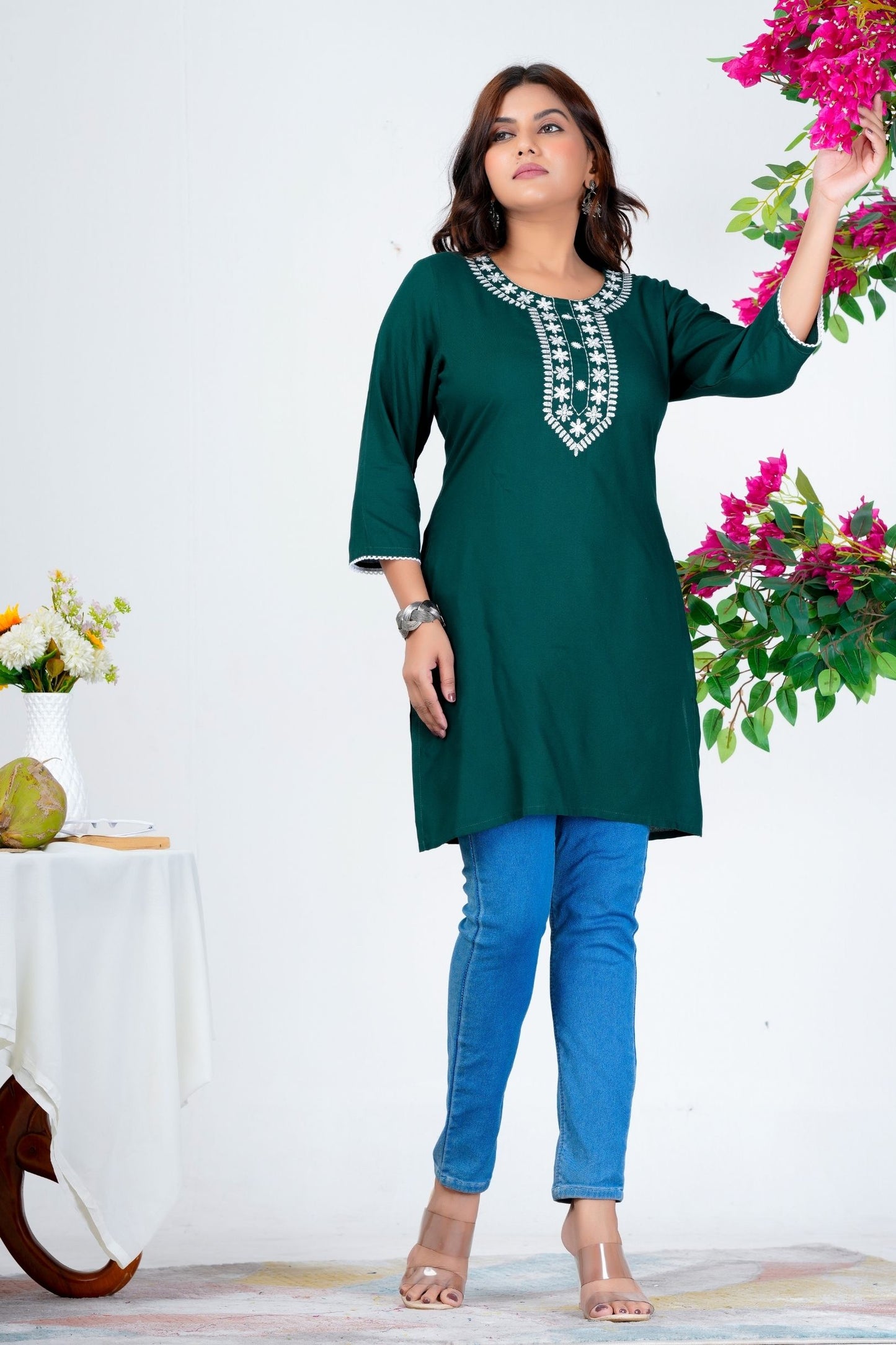 Women's Dark Green Embroidered Kurti with 3/4th Sleeves – Casual & Office Wear