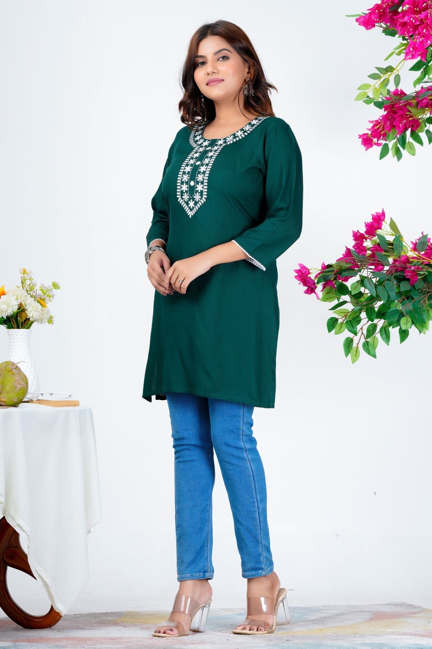 Women's Dark Green Embroidered Kurti with 3/4th Sleeves – Casual & Office Wear