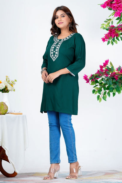 Women's Dark Green Embroidered Kurti with 3/4th Sleeves – Casual & Office Wear