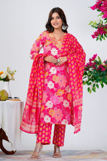 Women's Bright Pink Floral Printed Kurta Set with Dupatta – Festive & Ethnic Wear