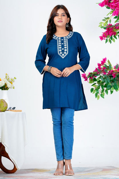 Women's Navy Blue Embroidered Kurti with 3/4th Sleeves – Elegant Casual & Office Wear