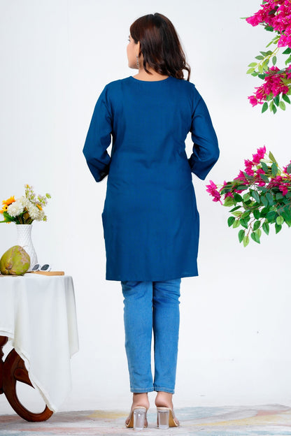Women's Navy Blue Embroidered Kurti with 3/4th Sleeves – Elegant Casual & Office Wear